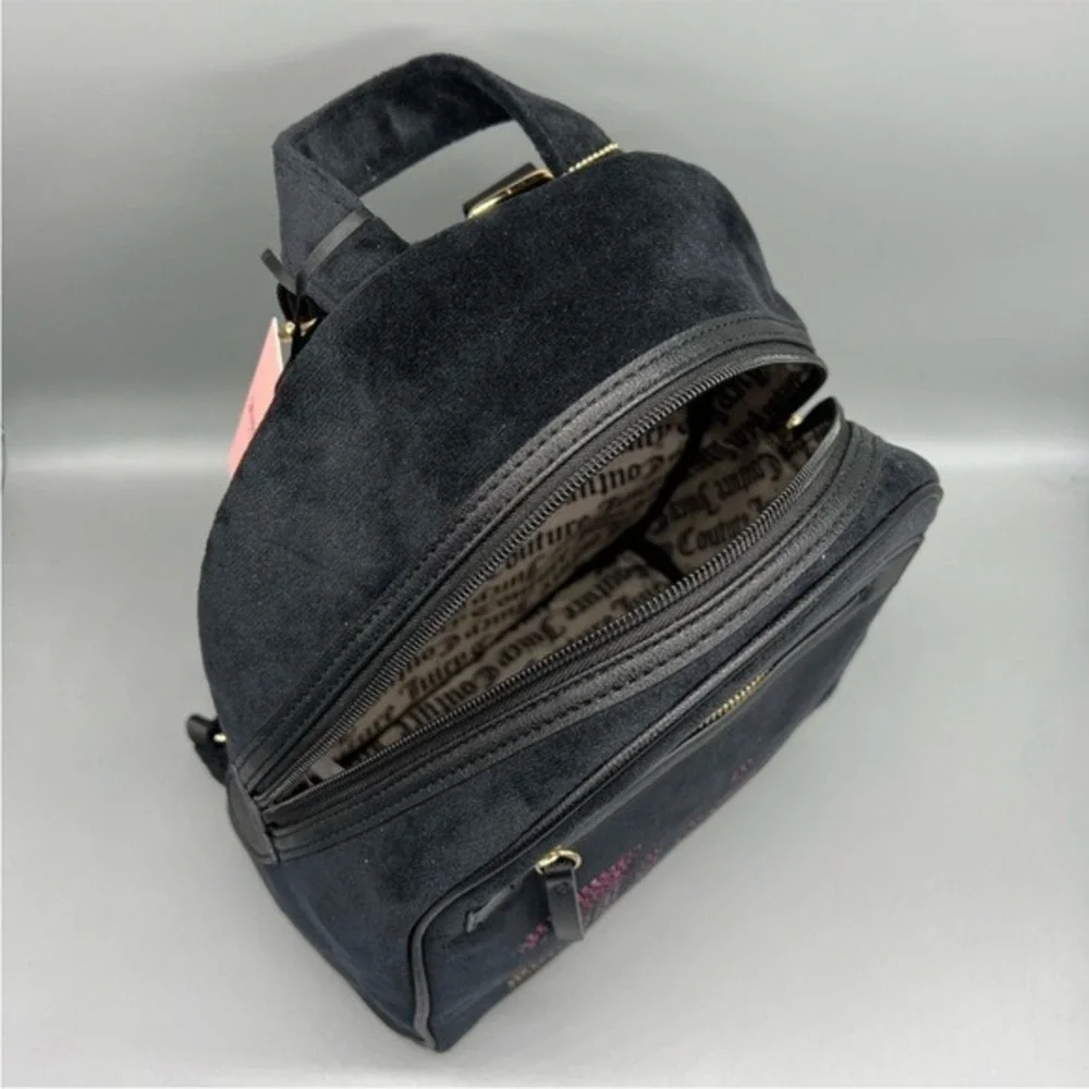 NEW Juicy Couture Big Spender Black Velour Rhinestone‎ Mini Backpack Liquorice